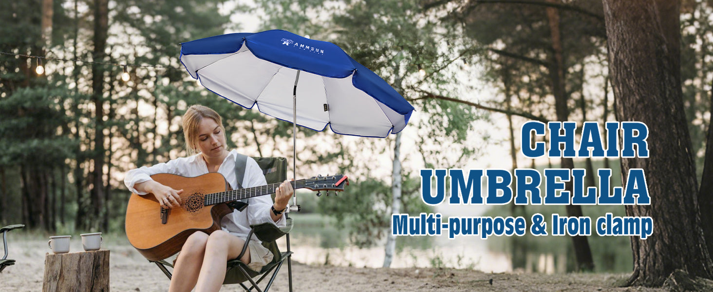 A woman sitting on a chair, shielding herself with an AMMSUN 47inches blue clip on chair umbrella sun shade with clamp