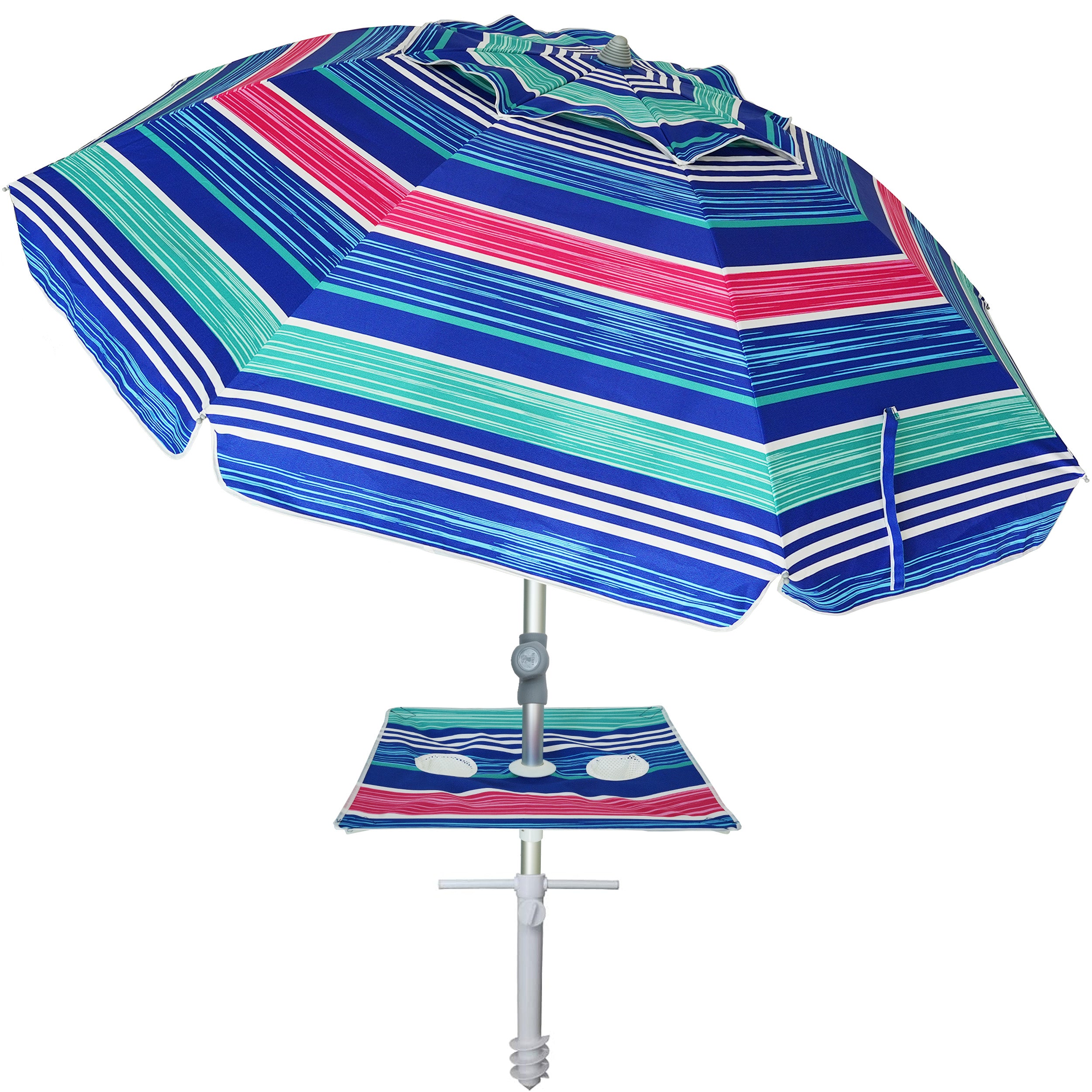AMMSUN 7ft Beach Umbrella with sand anchor, Built-in Table Blue Red Stripes