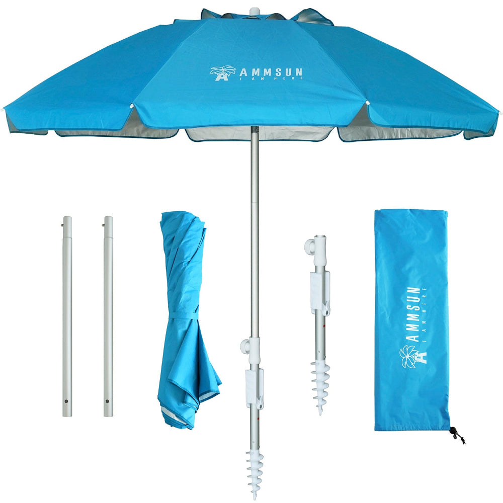 AMMSUN 6.5ft light blue twice folded portable beach umbrella with sand anchor, extension pole and carry bag