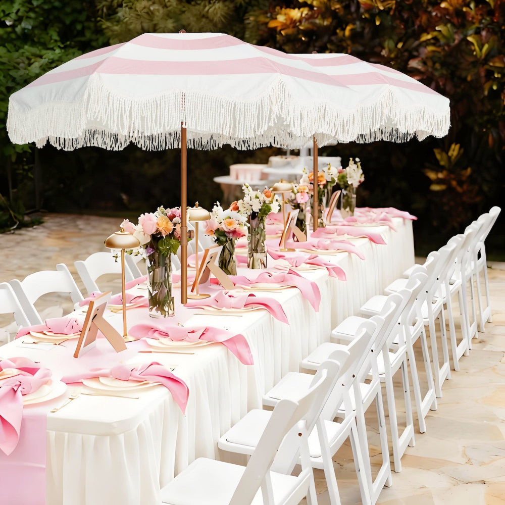 Outdoor table setting with white and AMMSUN 6.5ft pink stripe boho fringe picnic table umbrellas for outside