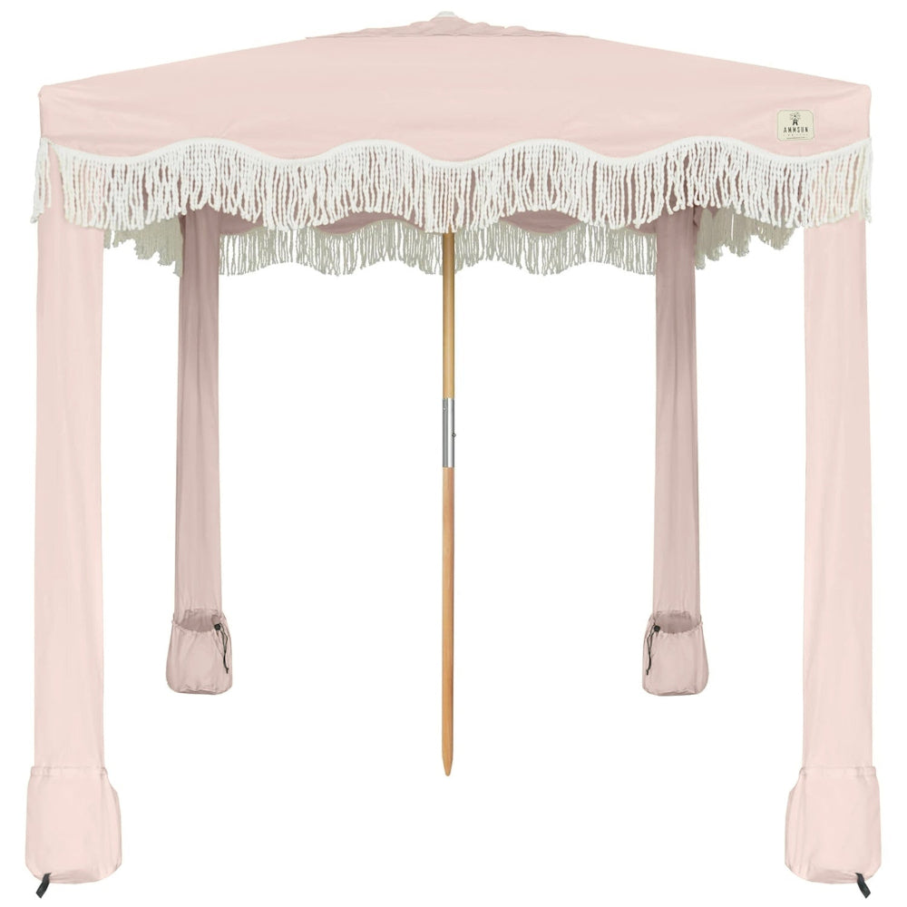 AMMSUN Beach Cabana with Fringe, 7' x 7' Boho Beach Canopy with Tassels, Easy Set up & Premium Wood Pole, Cabana Tent with Sand Pockets, Instant Sun Shade for Sand, Garden, Patio, Pink Coral