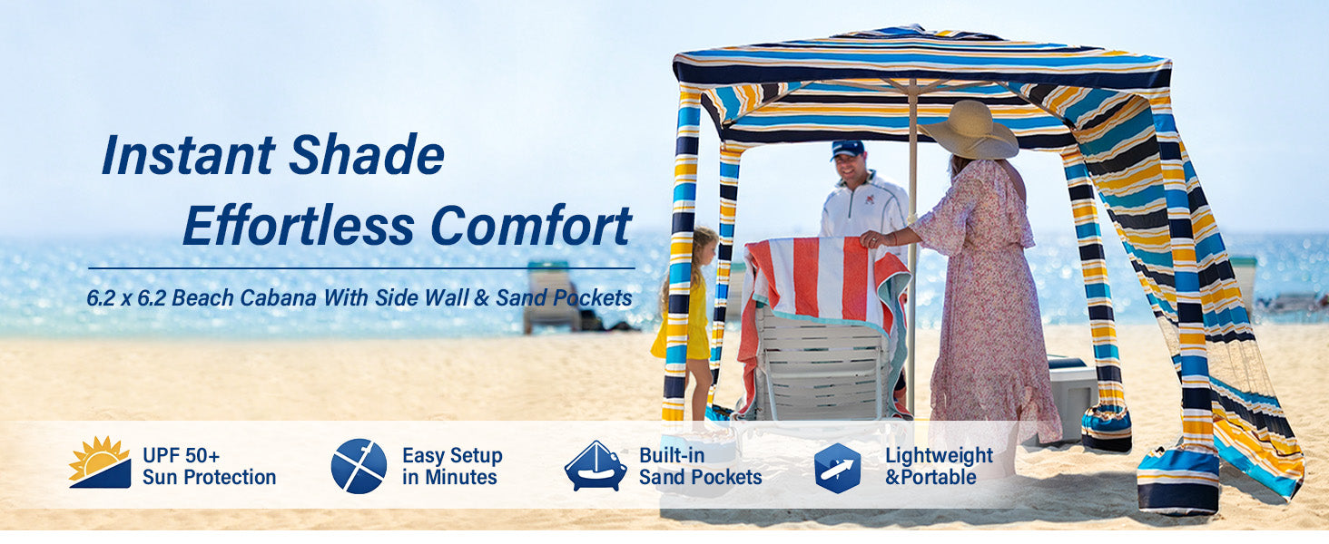 A family enjoying beachday with an AMMSUN vibrant stripe easy beach tent cabana with sunwall
