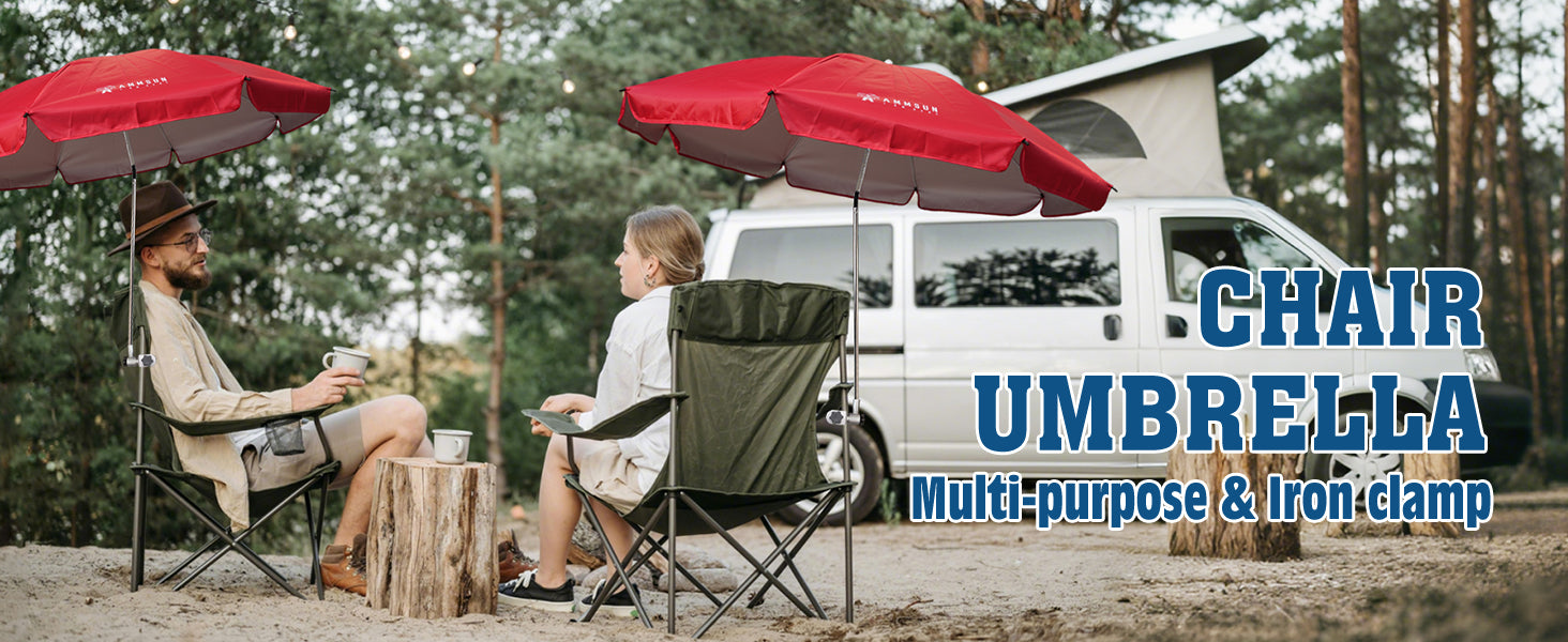 Two people seated on chairs beneath two AMMSUN red chair umbrella with clamp adjustable