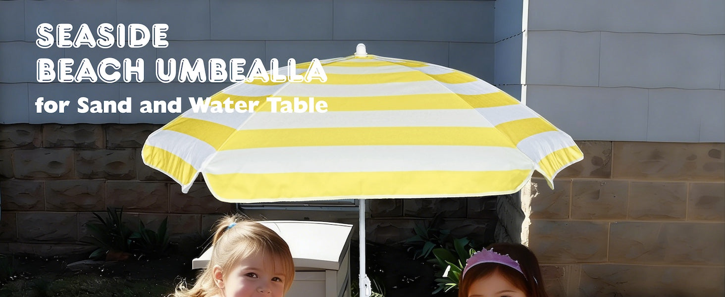 Two girls playing under an AMMSUN 5ft yellow white kids water table umbrella on picnic table for outdoors