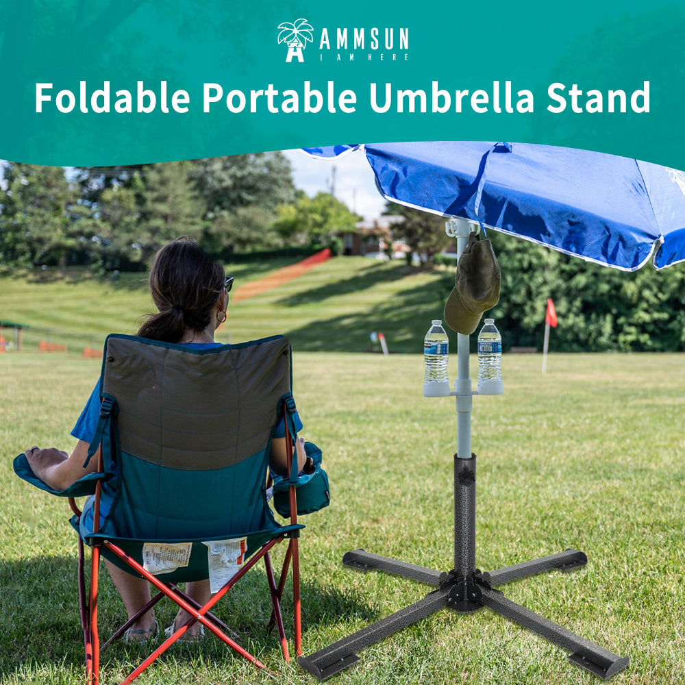 A woman sitting under an umbrella on grassland with an AMMSUN portable umbrella base outdoor patio