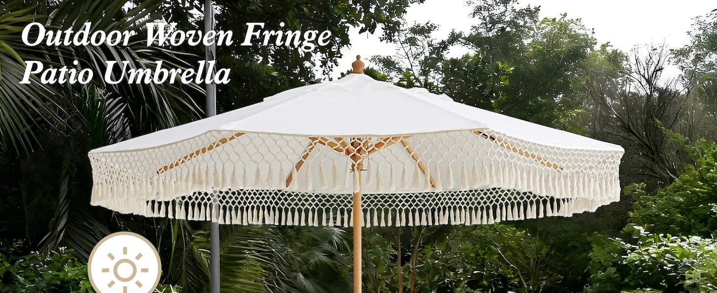 AMMSUN 8.5ft natural white outdoor woven fringe umbrella with table umbrella outdoor patio pulley lift  with trees in garden