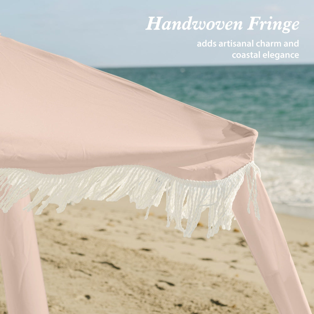 AMMSUN 7'×7' Boho Pink Coral tassel Beach Cabana beach umbrella tent with handwoven fringe