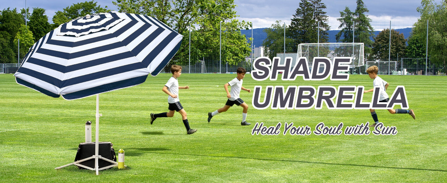 AMMSUN 6.5ft blue stripes patio umbrella with base included for outdoor on grass with children playing