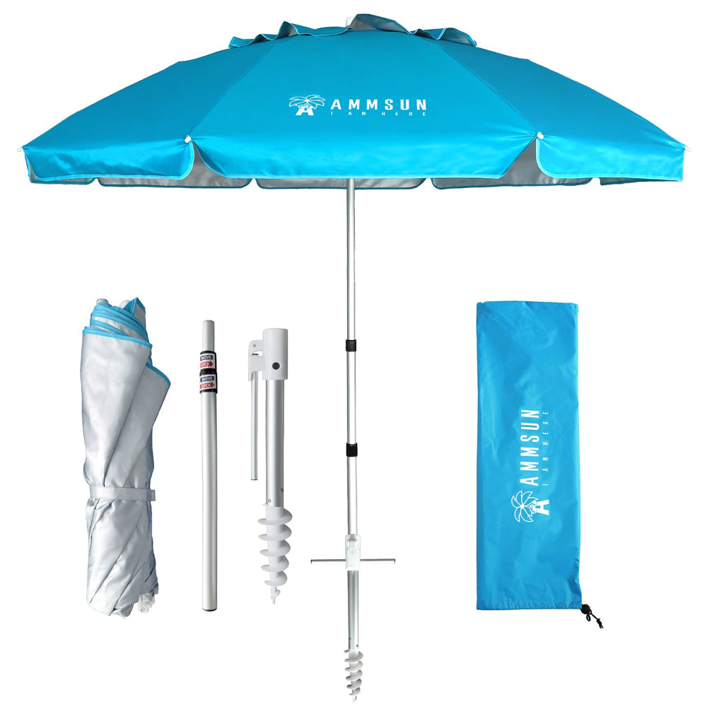 AMMSUN 6.5ft Portable Folding Beach Umbrella – Telescopic Pole, Windproof, Built-in Sand Anchor, Push-Button Tilt, Air Vent, UPF 50+ Sun Protection, Fits in Suitcase – for Patio, Garden, Pool, sky blue
