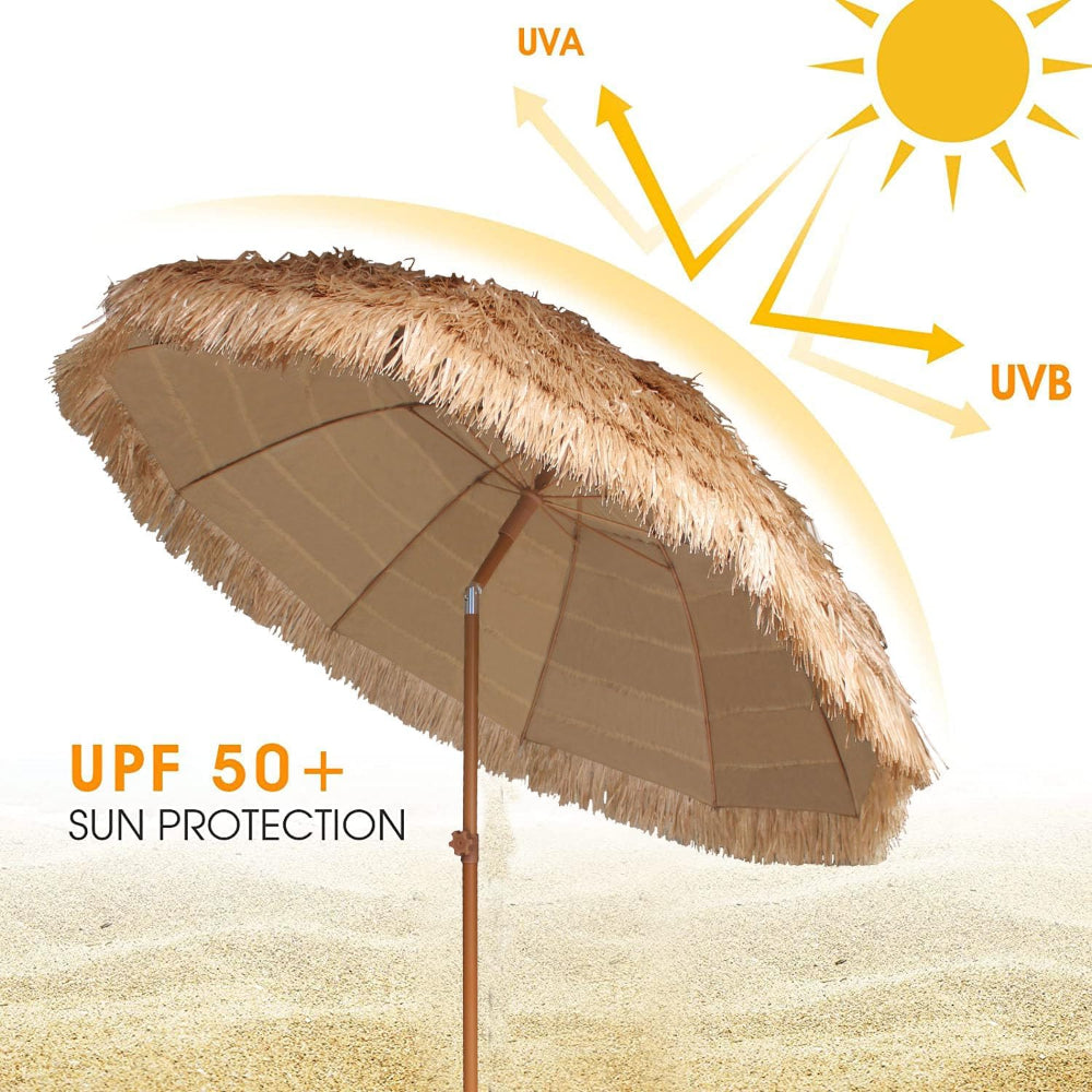 AMMSUN 7.5ft Hula Thatched Tiki umbrella outdoor patio UPF50+ Hawaiian Style， has push tilt button for better shade.