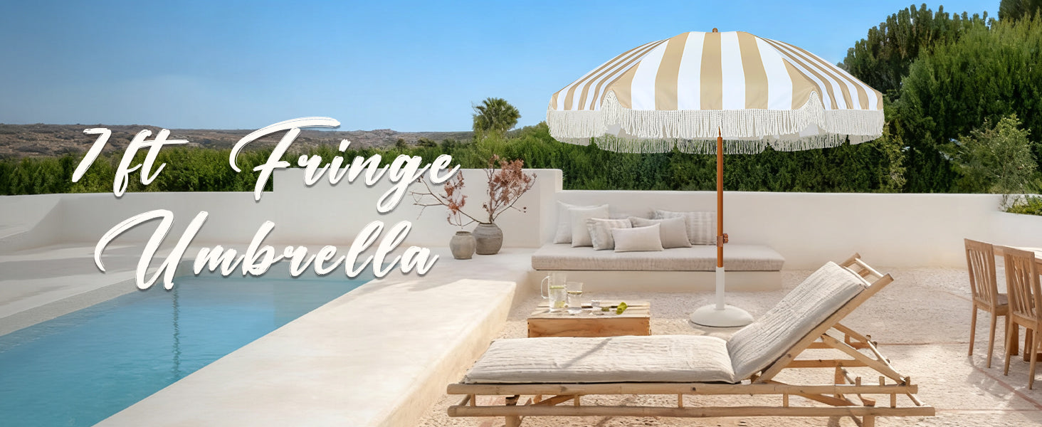 AMMSUN beige stripes patio umbrellas with tassles for outdoor umbrella over a lounge chair by a poolside