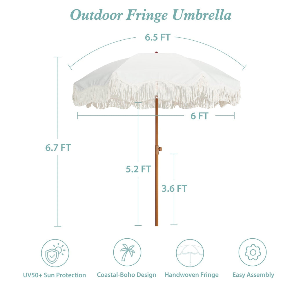 AMMSUN 6.5ft Boho Fringe white outdoor patio for beach umbrellas in 6.7ft tall with 8 ribs and knob for height adjustment