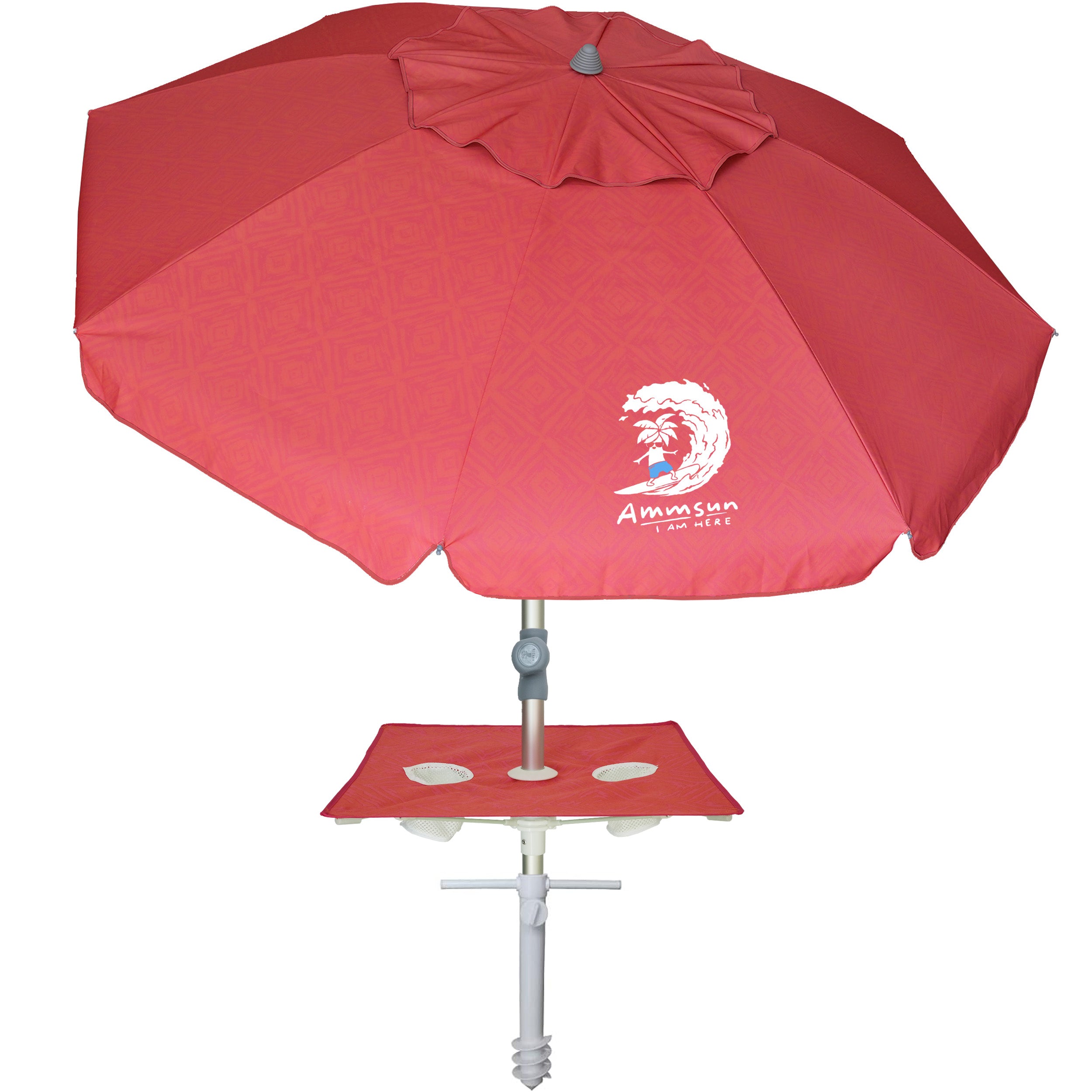 AMMSUN 7ft Beach Umbrella with sand anchor, Built-in Table Red Rose Prints