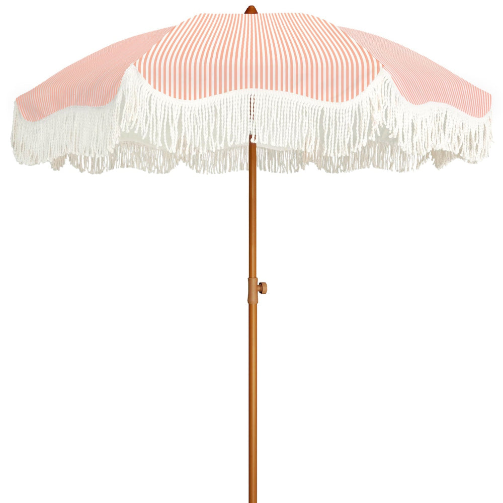 AMMSUN Boho Fringe Umbrella Outdoor Patio, 6.5ft UPF50+ Picnic Umbrella with Tassels with Steel Pole and Push Button Tilt, Pink Stripe