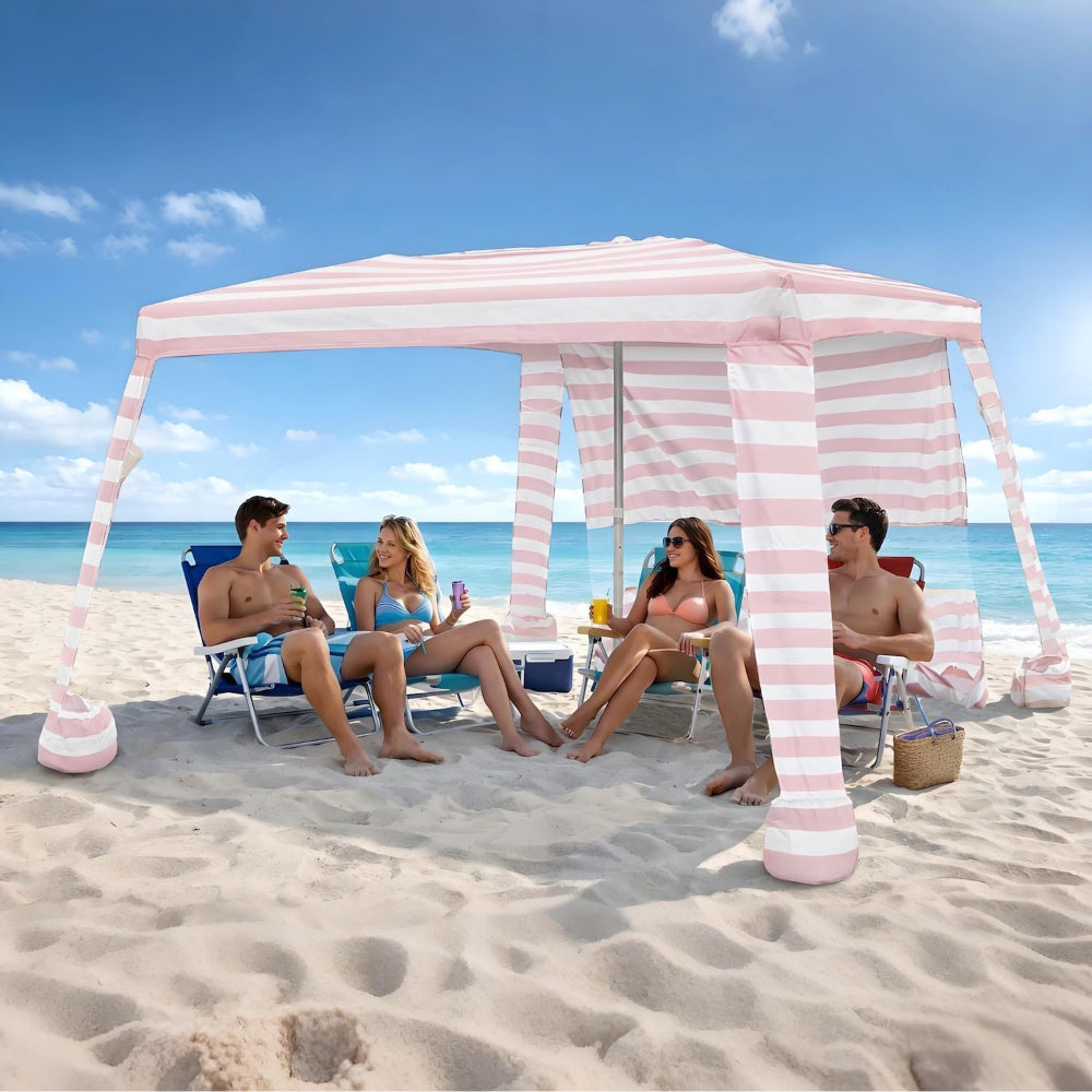 4 people sitiing under an AMMSUN 8'x8' pink stripe extra arge portable beach tent easy set up cabana with sunwall