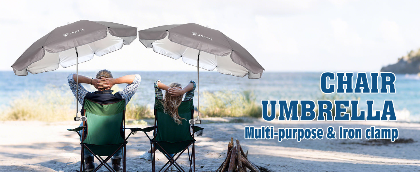 Two people sitting on chairs with two AMMSUN grey large portable chair umbrellas with clamps for outdoors