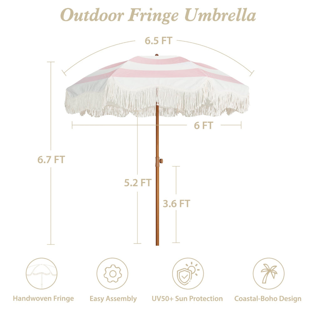 AMMSUN 6.5ft Boho fringe Pink Stripe portable umbrella with base in 6.7ft tall with 8 ribs and a knob for height adjustment