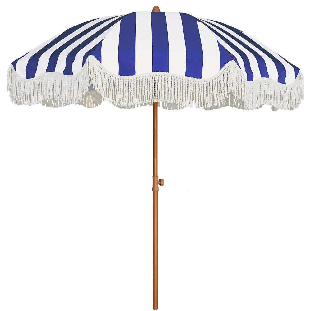 AMMSUN Boho Fringe Umbrella Outdoor Patio, 6.5ft UPF50+ Picnic Umbrella with Tassels with Push Button Tilt, Navy Stripe