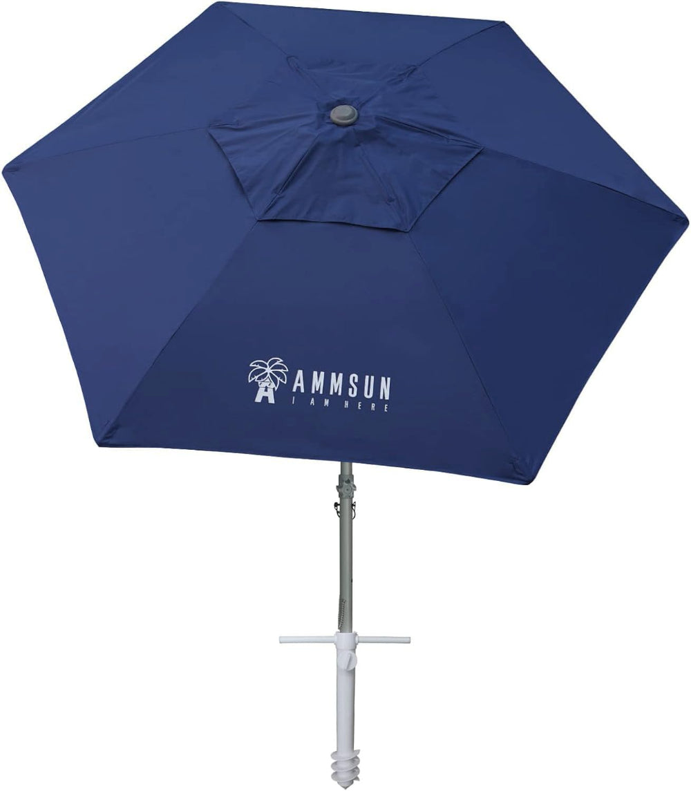 AMMSUN 8ft Heavy Duty Beach Umbrella, Portable Commercial Grade, Sand Anchor & Weight Bag, Adjustable Height, Air Vent, UPF 50+, Telescoping Pole, Navy (No Tilt)