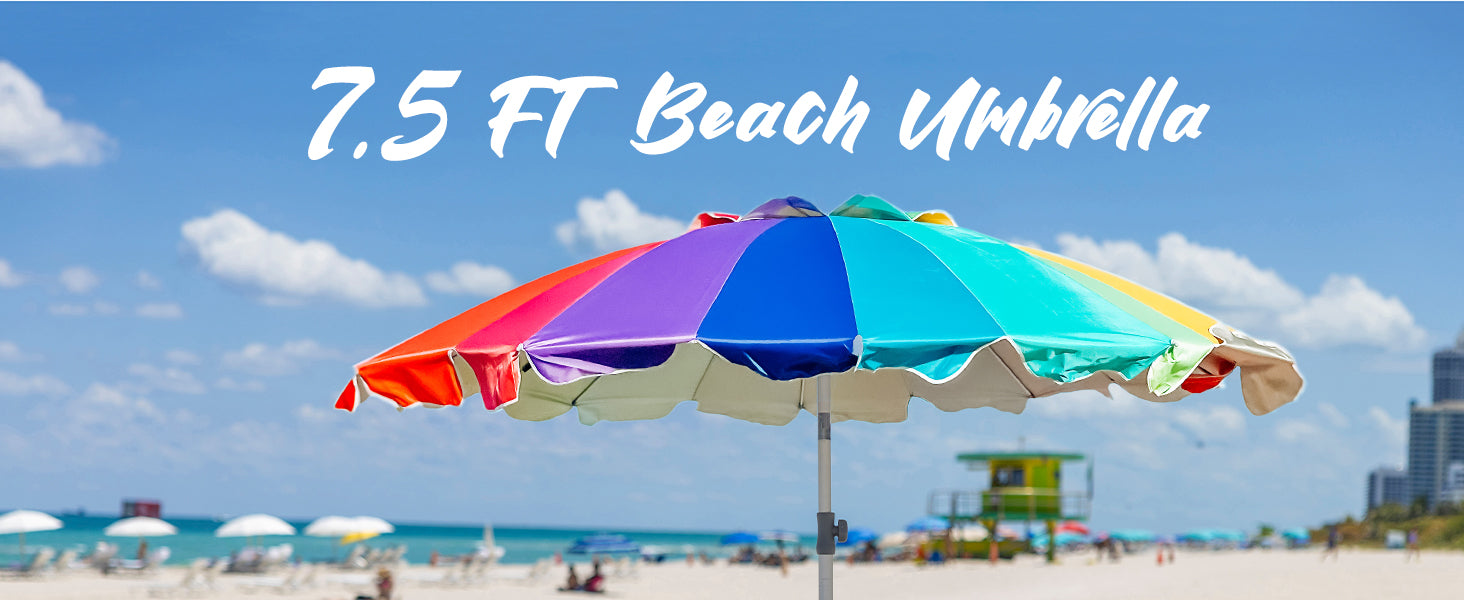 AMMSUN 7.5ft rainbow beach umbrella for  travel shade outdoor with sand anchor