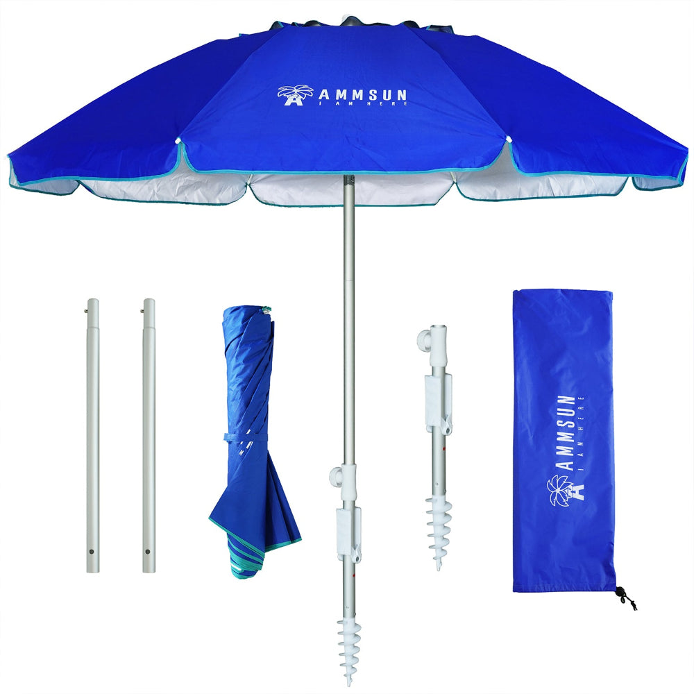 AMMSUN 6.5ft Navy Blue twice folded Portable beach umbrella with sand anchor, extension pole and a carry bag 