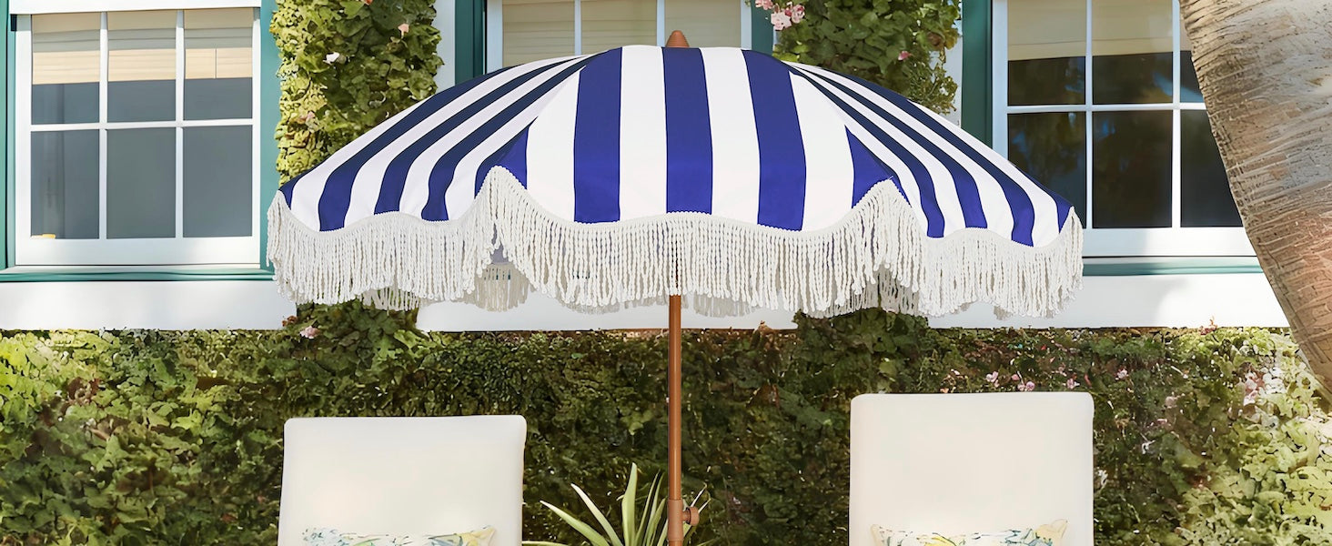 AMMSUN blue sombrillas de patio cute umbrella with fringe on a patio