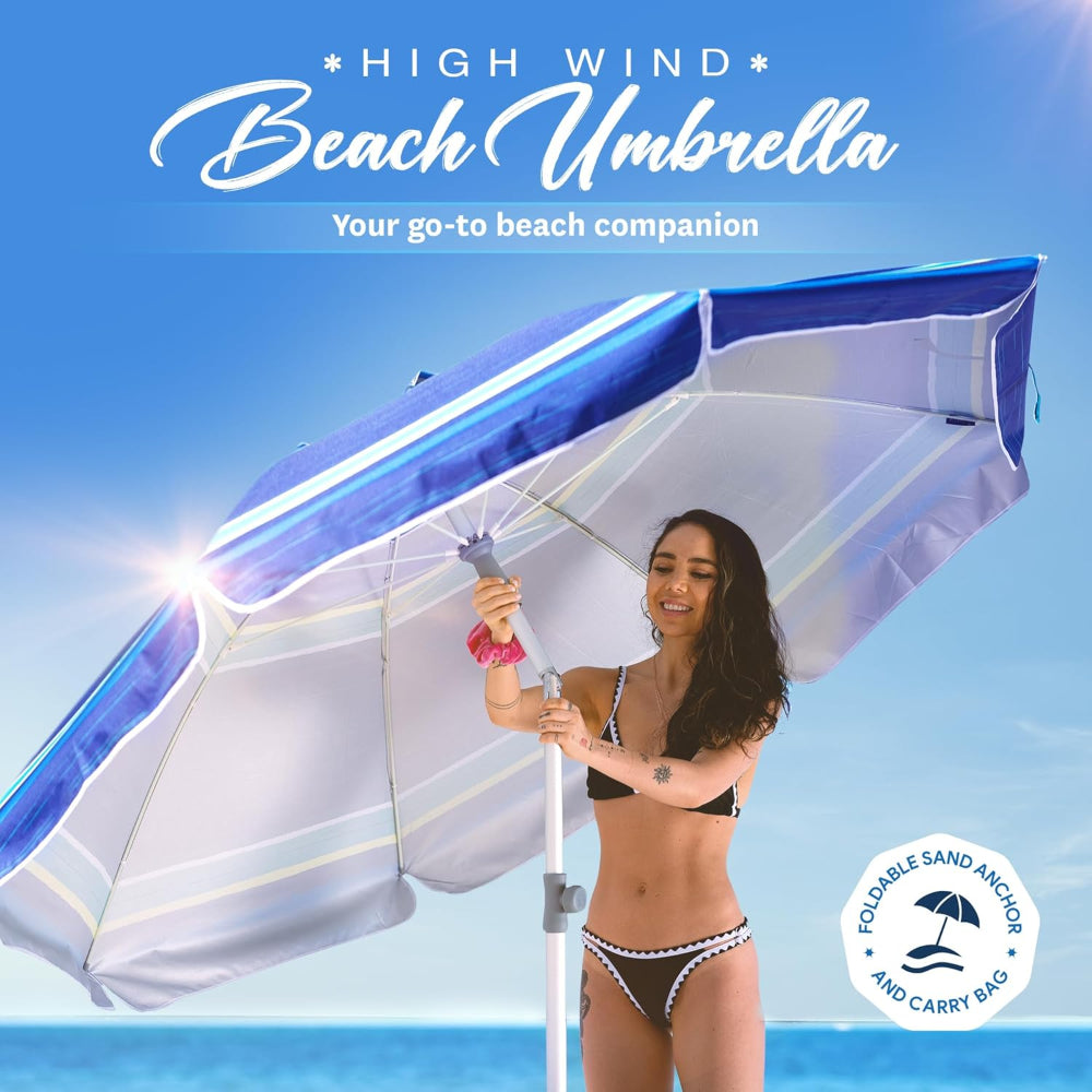 AMMSUN 7ft blue stripes beach umbrella with anchor, Built-in Table, has air-vent design for stability and cool
