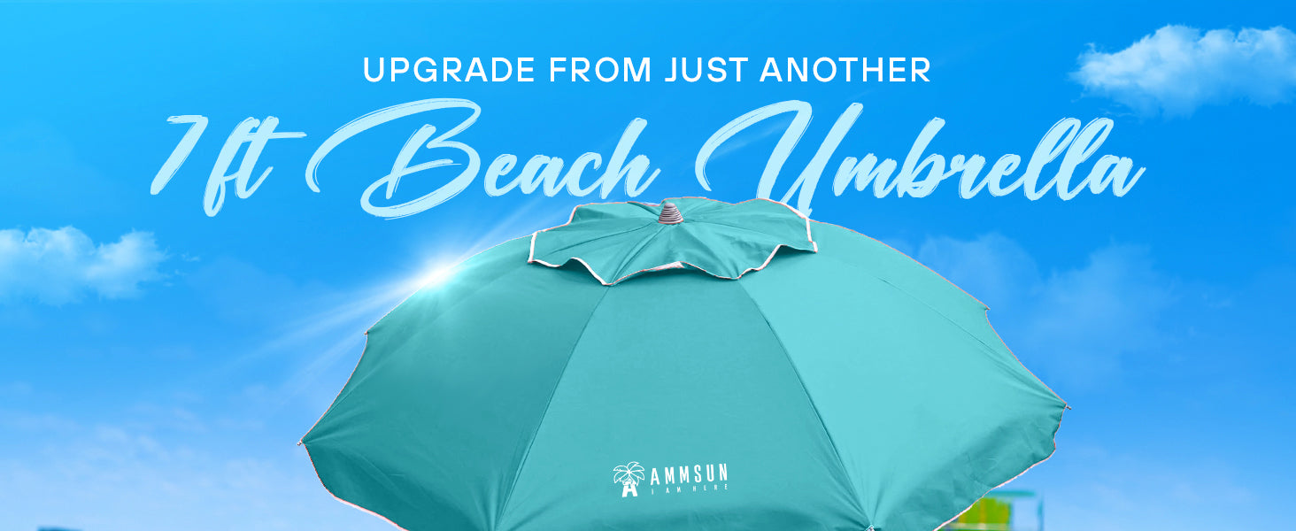 A teal AMMSUN 7ft beach umbrella with 