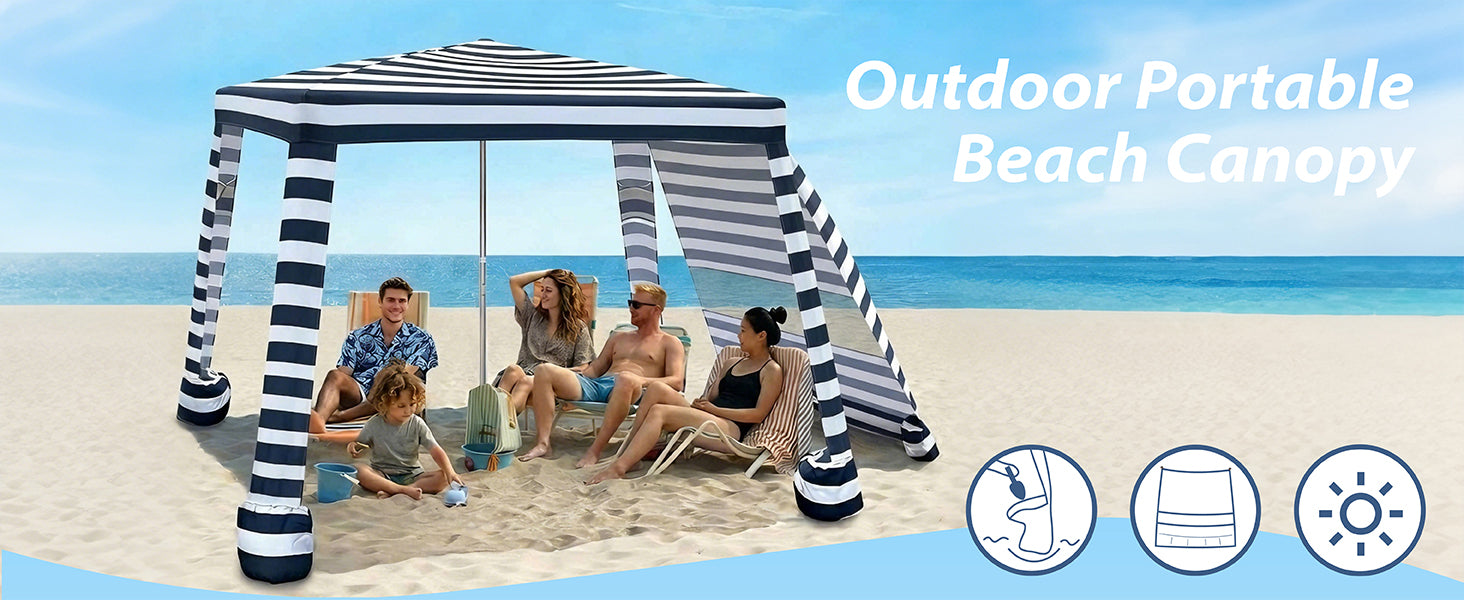 Famliy of 5 relaxing under an AMMSUN 8'x8' navy blue stripes easy up canopy for beach cabana with side wall