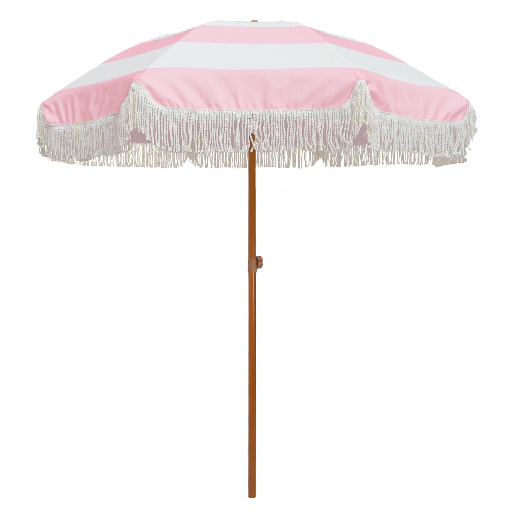 AMMSUN 7ft Patio Fringe Umbrella,Riviera Pink Stripes