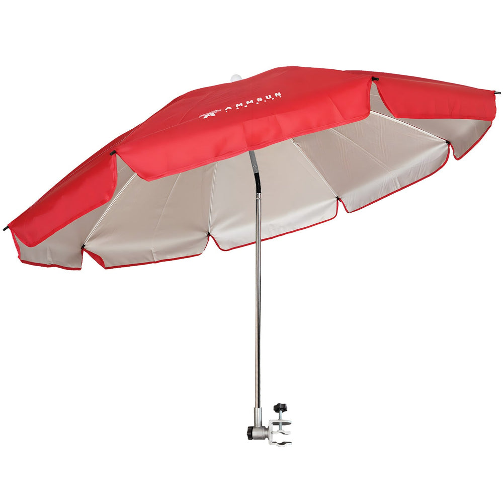 AMMSUN Chair Umbrella with Universal Clamp Adjustable 47 inches and 360° Swivel & UPF 50+ Protection Portable Sun Umbrella, Clip on Camping/Beach Chairs, Stroller, Wheelchair, Golf cart, Lounger, Red