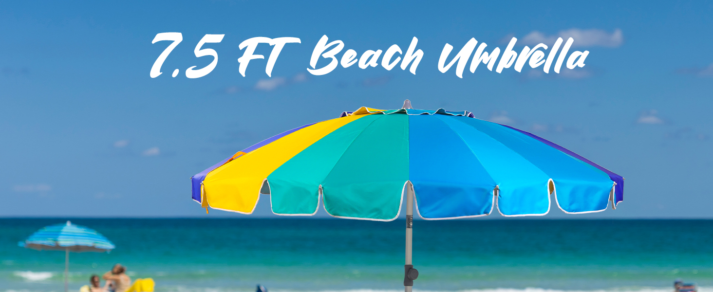 An AMMSUN 7.5ft multicolor blue portable umbrella with sand anchor