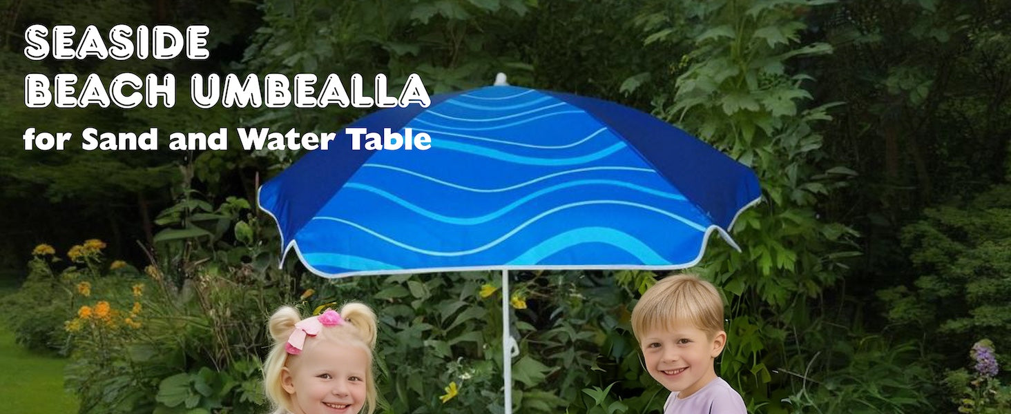 A boy and a girl playing under an AMMSUN 5ft navy blue kids outdoor umbrella on picnic table