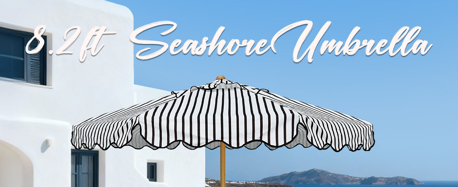 AMMSUN Black-white stripes beach outdoor patio umbrella with pulley lift, wood pole