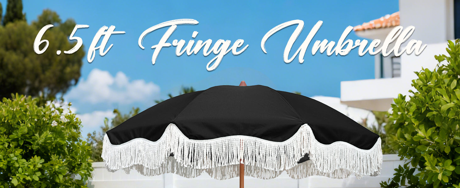 An AMMSUN 6.5ft black fringe portable beach umbrella & shade providing shade on poolside