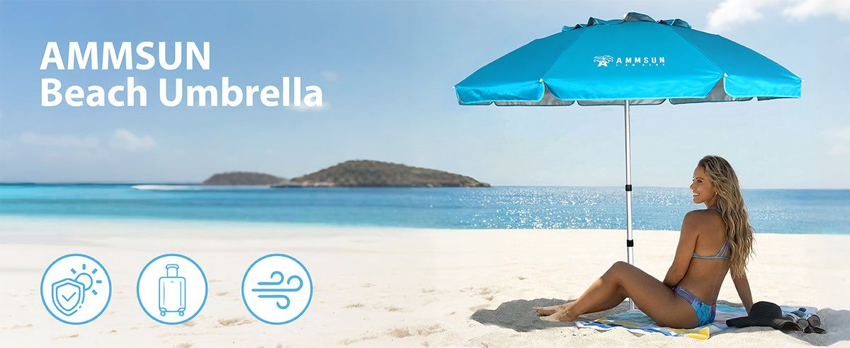 A woman sitting om beach with an AMMSUN 6.5ft sky blue portable folding wind resistant beach umbrella