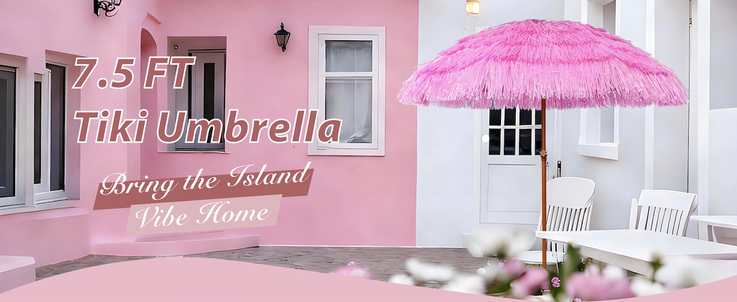 AMMSUN 7.5ft baby pink hula thatched tiki picnic table umbrella for patio porch balcony umbrella