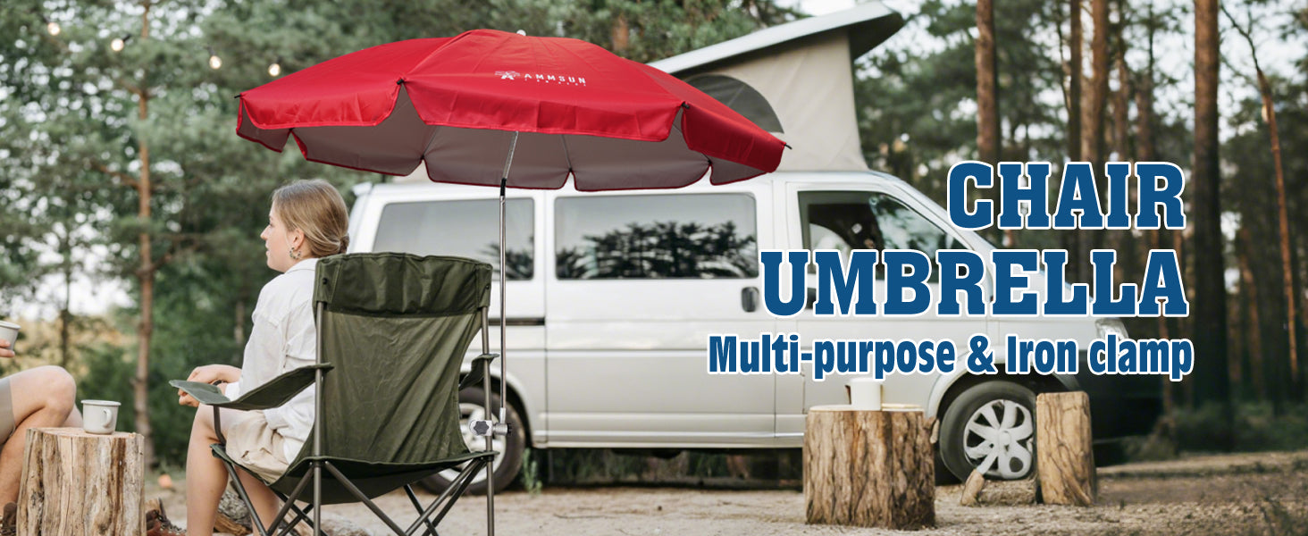 A woman sitting in a outdoor chair with umbrella with clamp, enjoying a moment of relaxation outdoors.