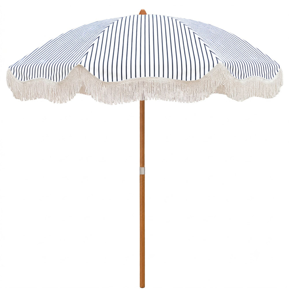 AMMSUN Boho Fringe Umbrella, 6.5ft Canvas Umbrella | Vintage Tassels, Wood-inspired Finish Steel Pole, UPF50+, Sturdy Frame, Push Button Tilt, Easy to Set Up, Navy Blue Stripes
