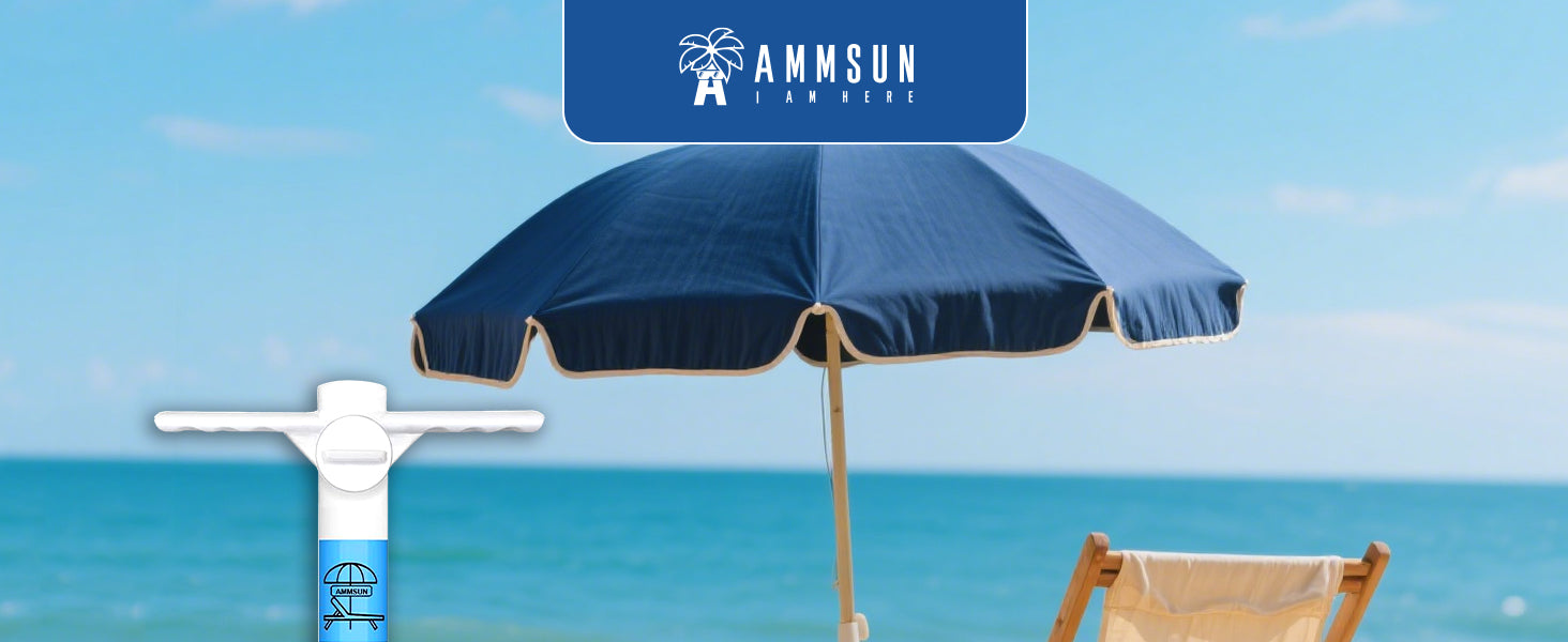 An umbrella secured on beach with AMMSUN white plastic sand anchor