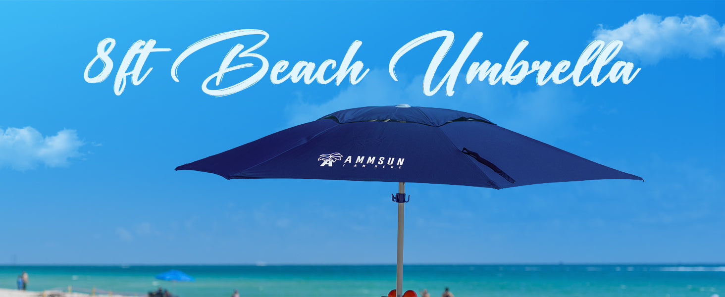 Two women sitting under an AMMSUN navy 8ft beach umbrellas for sand portable with sand anchor on beach