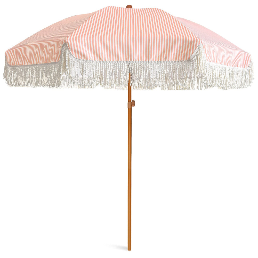 AMMSUN 7ft Patio Umbrella with Fringe Outdoor Tassel Umbrella UPF50+ Premium Steel Pole and Ribs Push Button Tilt, Pink Stripe