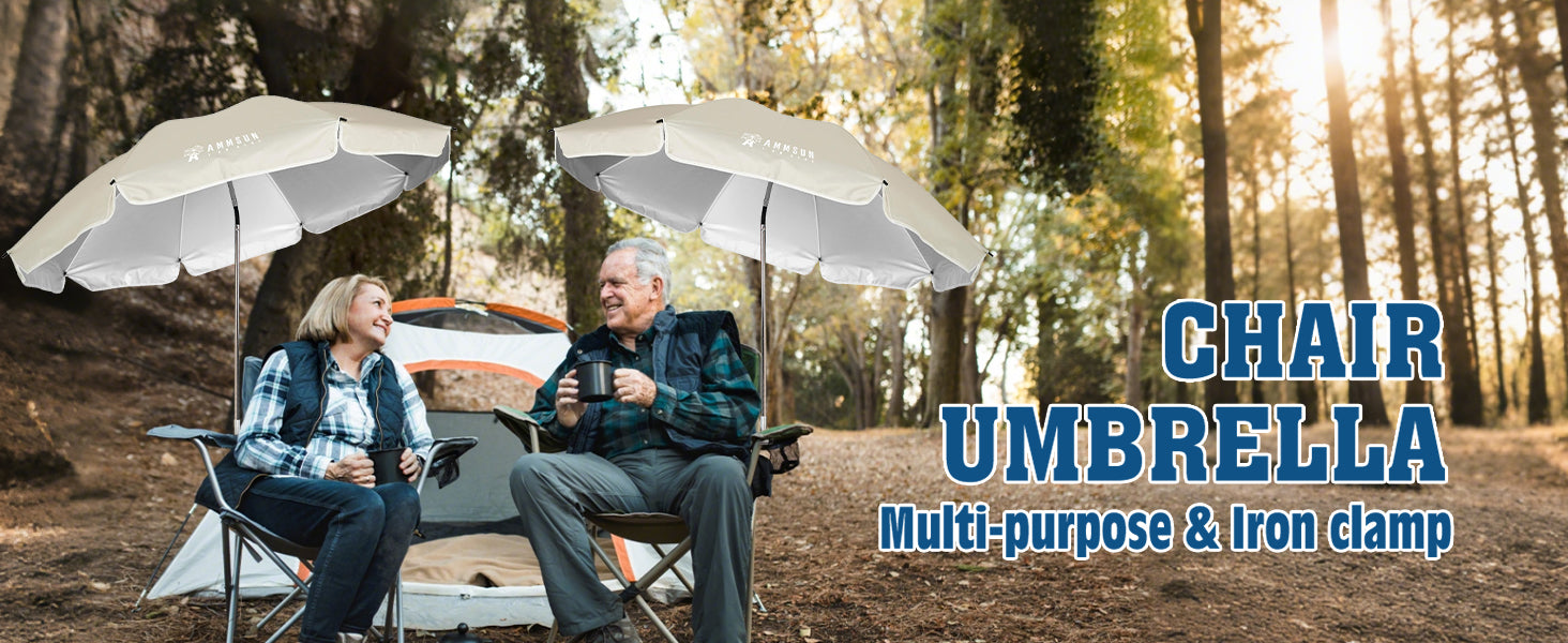 Two people sitting on chairs with two AMMSUN Beige large portable chair umbrellas with clamps for outdoors