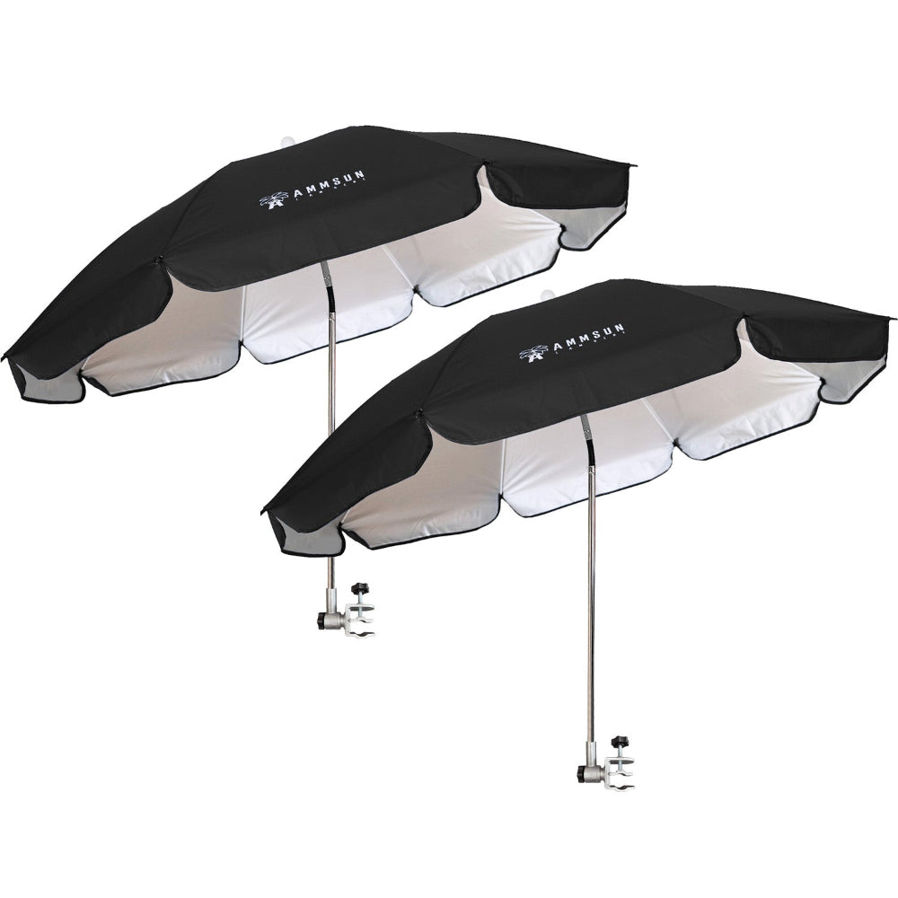 AMMSUN Chair Umbrella with Universal Clamp Adjustable 47 inches and 360° Swivel & UPF 50+ Protection Portable Sun Umbrella, Secure Clip on Camping/Beach Chairs, Stroller, Wheelchair, Golf cart, Lounger, Black, 2 PACK