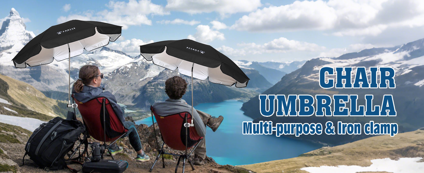 Two people seated on chairs beneath two AMMSUN black large portable sun shade umbrella with clamps
