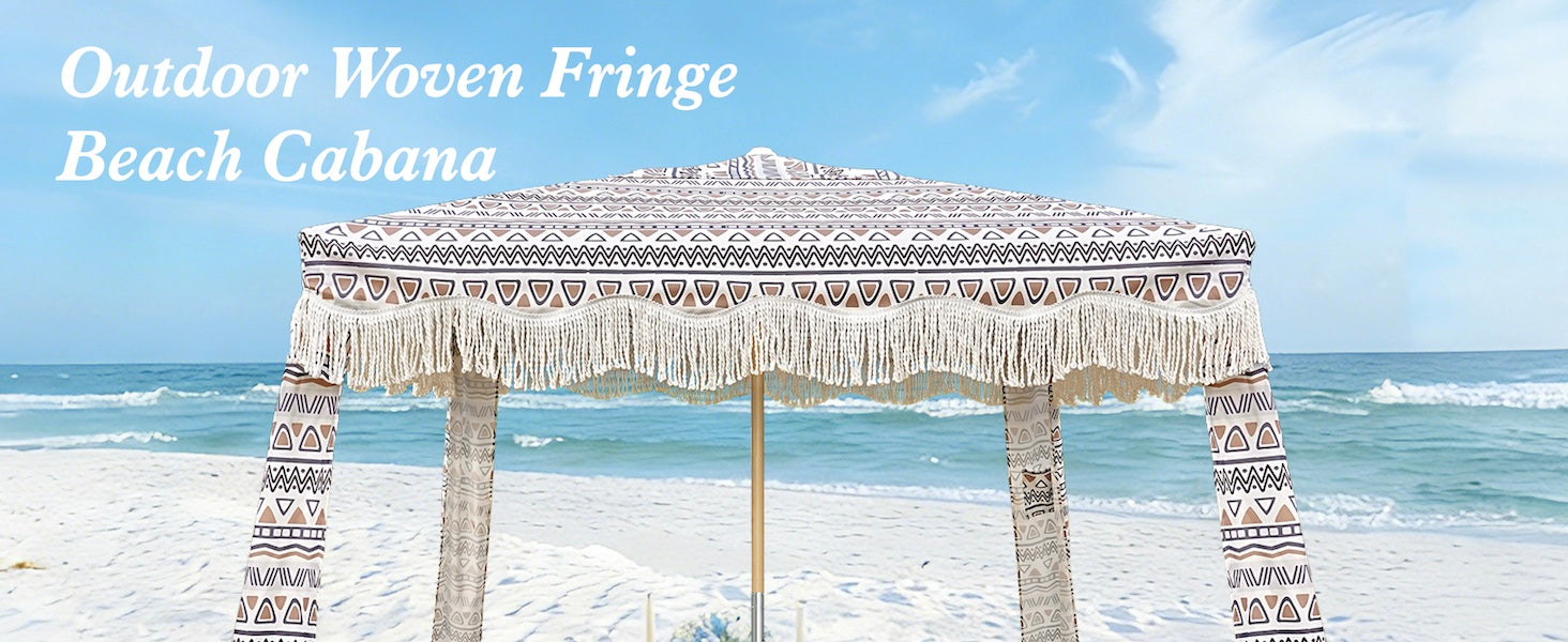 AMMSUN 7'x7' tan fringe umbrella with tassel boho beach cabana beach tent with premium wood pole