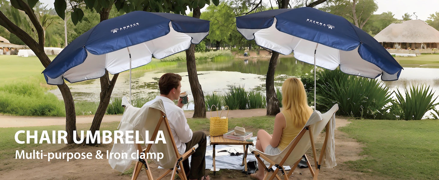 Two people sitting on chairs clamped with AMMSUN xl extrs large navy blue chair umbrellas for outdoor with clip