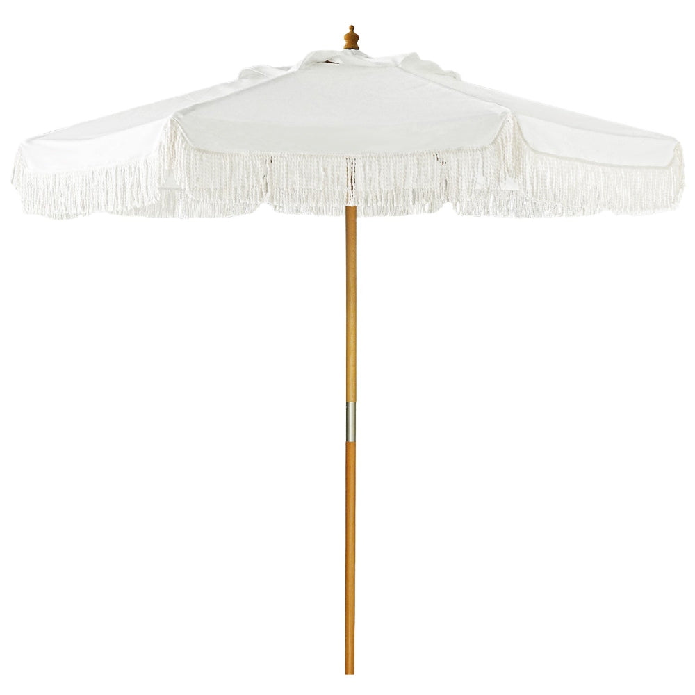 AMMSUN 8.5ft Boho Patio Umbrella Wood Pole Fancy Bali-style Outdoor Umbrellas with Pulley Lift Air Vent Tassel Fringe for Garden, Pool, Deck, Beach, Backyard