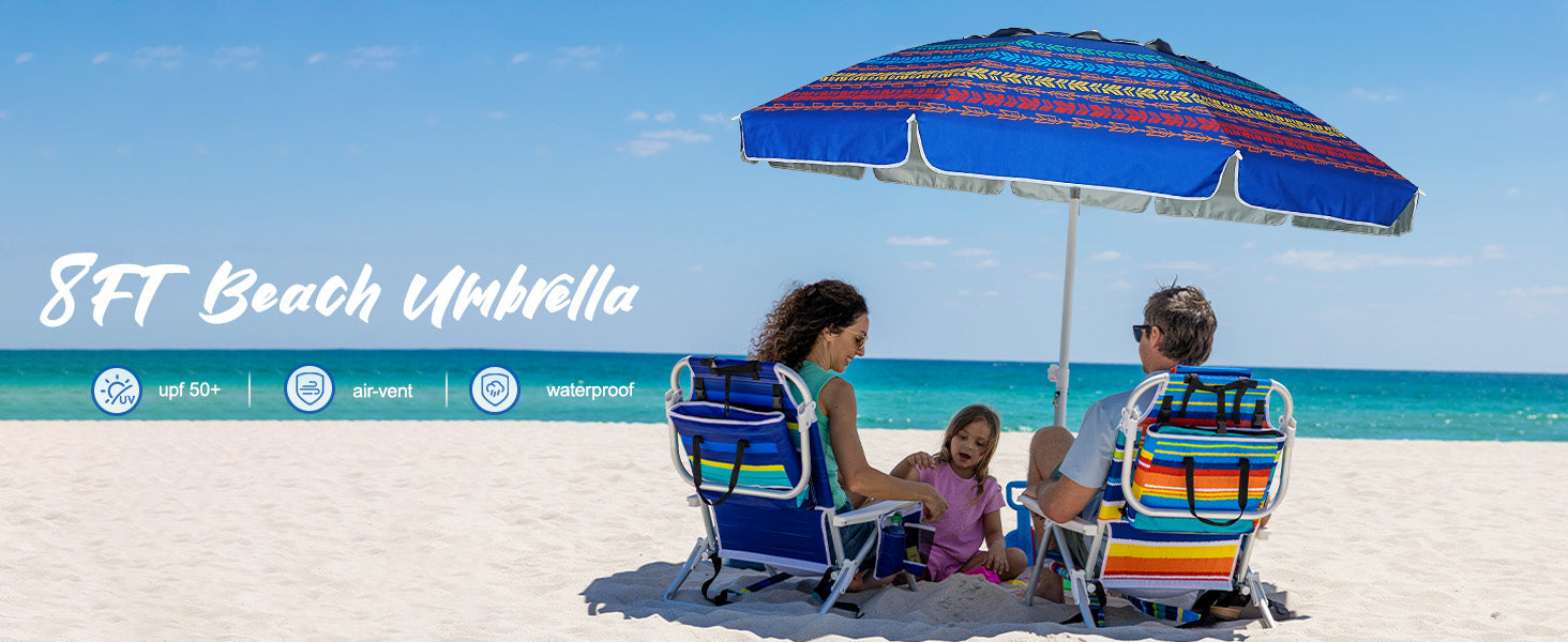 Family sitting under an AMMSUN 8ft blue stripeslarge sand umbrella for beach with sand anchor on a sandy beach