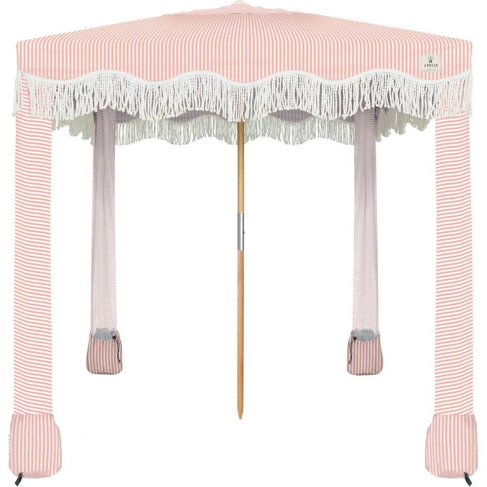 AMMSUN Beach Cabana with Fringe, 7' x 7' Boho Beach Canopy with Tassels, Easy Set up & Premium Wood Pole, Cabana Tent with Sand Pockets, Instant Sun Shade for Sand, Garden, Patio, Pink Stripes